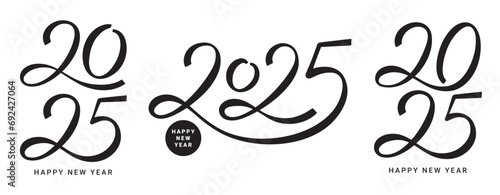 Set of Happy New Year 2025 lettering logos. Vector illustration with black numbers 2025 isolated on white background. New Year holiday logos template. Collection of 2025 happy new year symbols. photo
