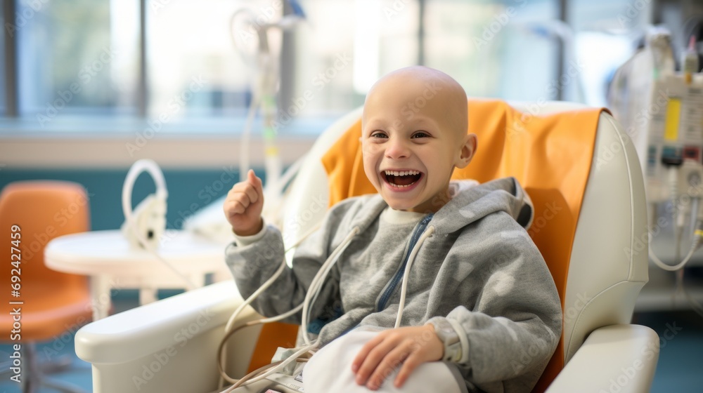 A portrait of a bald young patient boy smiling in a cancer hospital bed in a medical care hospice bald after course chemotherapy. Children with cancer concept A portrait of a bald young patient boy smiling in a cancer hospital bed in a medical care hospice bald after course chemotherapy. Children with cancer concept