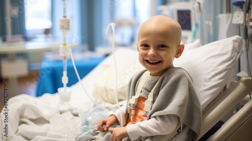 A portrait of a bald young patient boy smiling in a cancer hospital bed in a medical care hospice bald after course chemotherapy. Children with cancer concept