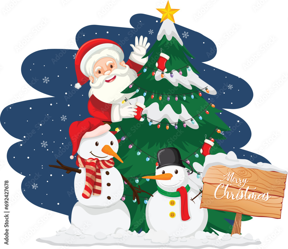 Santa Claus With Christmas Tree Snowman Night Santa Claus With Christmas Tree Snowman Night