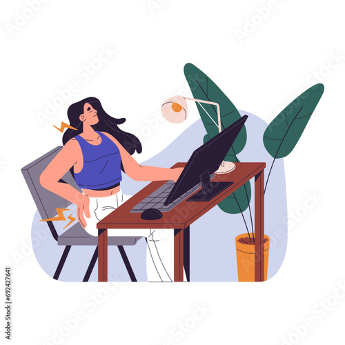 Office worker feels ache in back, waist, suffer. Employee sitting in incorrect position while work, sedentary job. Pain syndrome disturbs, annoys freelancer. Flat isolated vector illustration on white