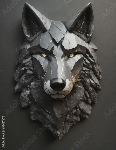 Statue / Skulptur eines Wolfs-Kopfes aus Stein vor dunklem schwarzen Hintergrund. Fotorealistisch. Künstlerische 3D-Illustration, beleuchtet