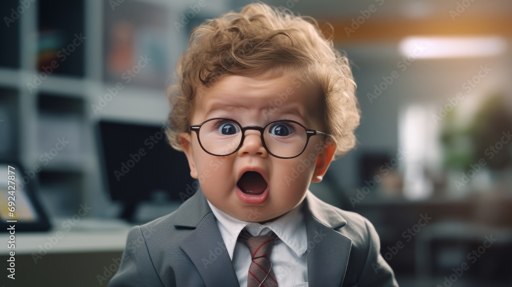 Child at work in the office sitting at the table. Surprised boy at work. The kid looks like a manager Child at work in the office sitting at the table. Surprised boy at work. The kid looks like a manager