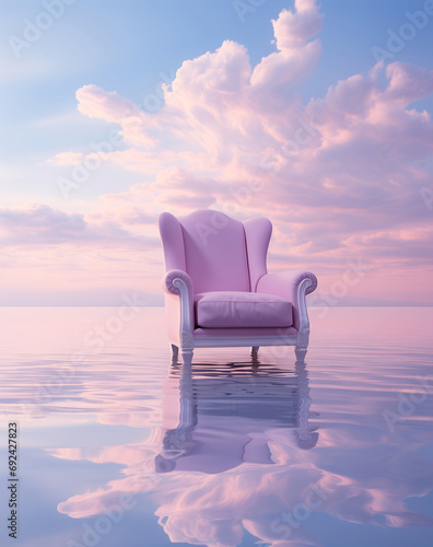 A pink armchair in a lake of pastel colors