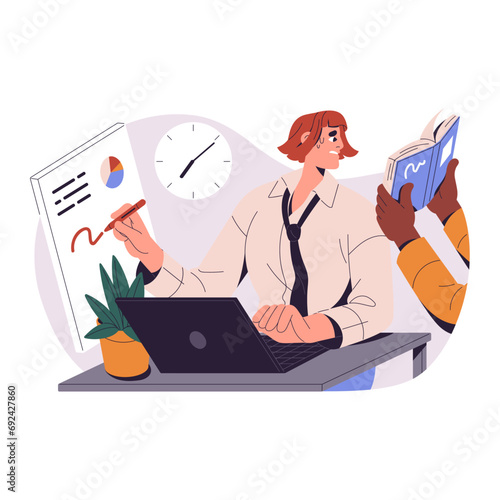Diligent office worker tries to retain attention, concentration on many tasks. Busy employee works in multitasking. Time management, deadline concept. Flat isolated vector illustration on white