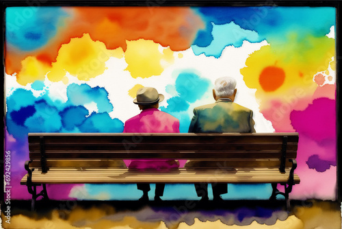 An illustration of old people. Watercolor paint. Happy family spending time together.Age Diversity. Generative AI