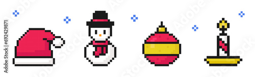 christmas pixel art set of icons, vintage, 8 bit, 80s, 90s games, computer arcade game items, hat, snowman, ball, candle vector illustration