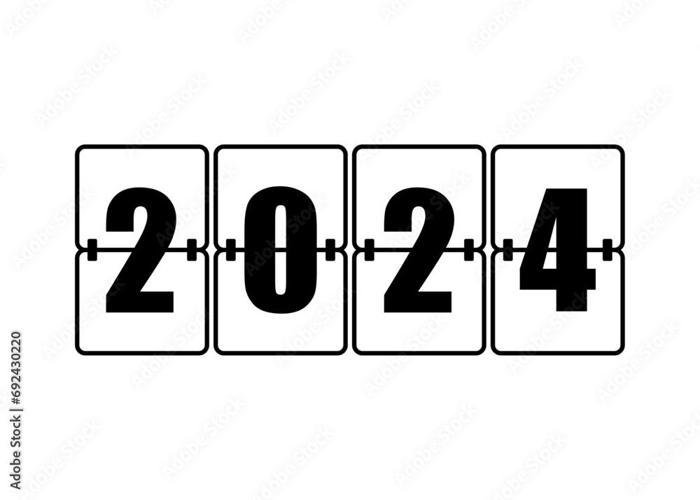 Feliz año nuevo. Logo con número 2024 en fuente tipo pantalla de aeropuerto o marcador de panel digital para su uso en felicitaciones y tarjetas Feliz año nuevo. Logo con número 2024 en fuente tipo pantalla de aeropuerto o marcador de panel digital para su uso en felicitaciones y tarjetas