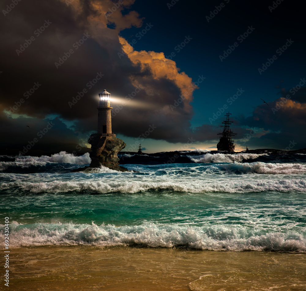 Storm at sea overlooking the lighthouse and ships. Lighthouse Tourlitis of Chora, Andros island, Cyclades, Greece