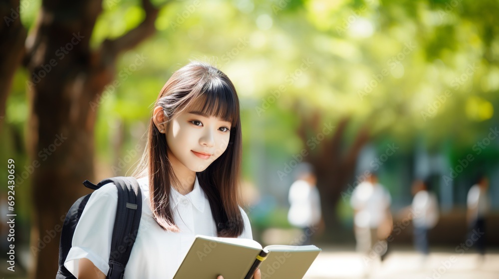 Smiling Japanese schoolgirl holding book and looking at camera, background blur, copy space , generative ai Smiling Japanese schoolgirl holding book and looking at camera, background blur, copy space , generative ai