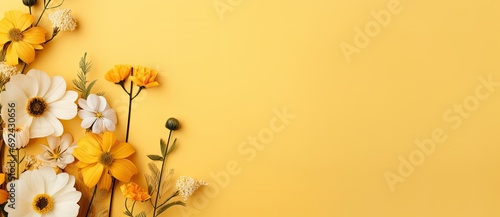 White and yellow spring flowers on yellow background. photo