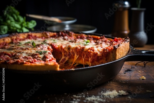 Chicago-Style Deep Dish Pizza: Thick Crust with Cheese and Chunky Tomato Sauce photo