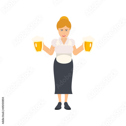 Woman with beer mugs. Waitress fulfills the order, vector illustration