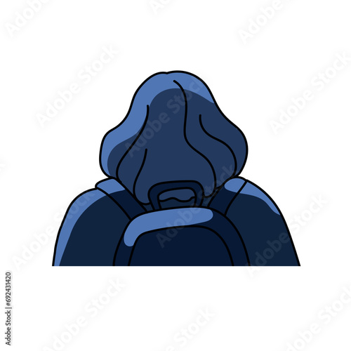 Abstract woman with backpack at night back view. Girl with backpack behind strolling. Female character walking. Person with bob haircut backside. Abstraction flat isolated vector illustration on white