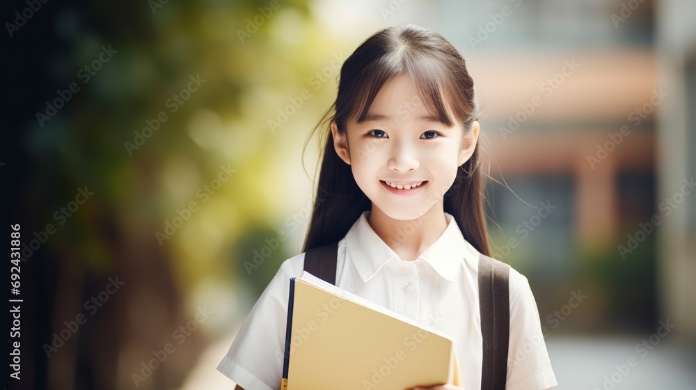 Smiling Japanese schoolgirl holding book and looking at camera, background blur, copy space , generative ai Smiling Japanese schoolgirl holding book and looking at camera, background blur, copy space , generative ai