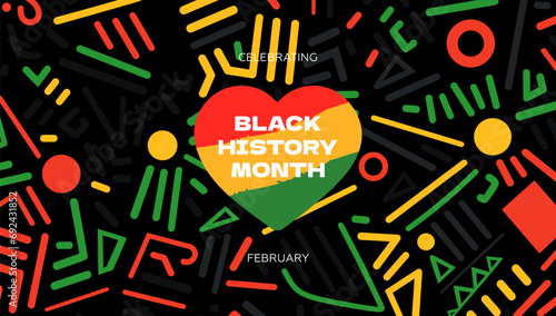 Black History Month abstract graphic banner. African American rights and culture celebrating. Modern creative placard. Heart in red yellow green flag colors. Africa and afro pattern art vector design