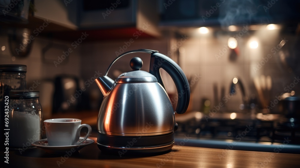 An electric kettle is on the kitchen table. Foreground, close view. The background is blurred, beautiful modern kitchen An electric kettle is on the kitchen table. Foreground, close view. The background is blurred, beautiful modern kitchen