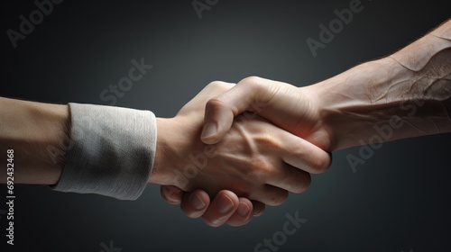 The handshake of two men. Close view, only hands in the photo. Dark background