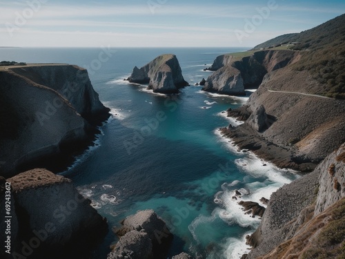 a large body of water next to a rocky shore color aerial photo drone ocean and rock landscape