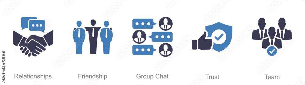 A set of 5 Community icons as relationships, friendship, group chat A set of 5 Community icons as relationships, friendship, group chat