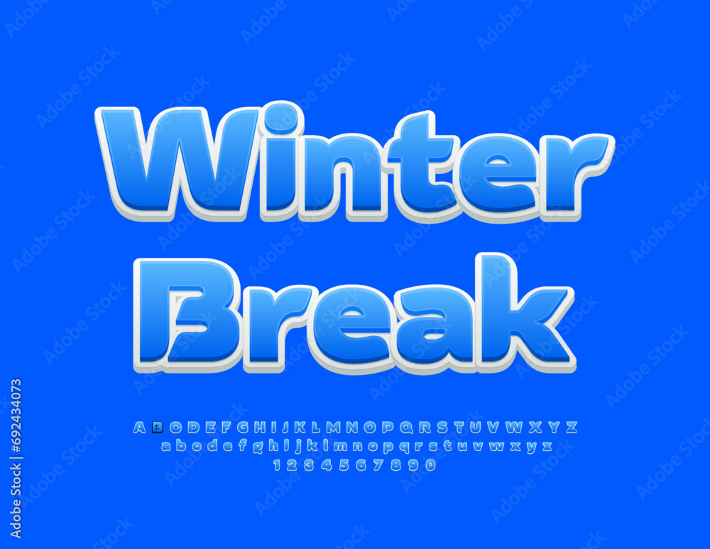 Vector creative poster Winter Break. Elegant Blue Font. Artistic Alphabet Letters and Numbers set
