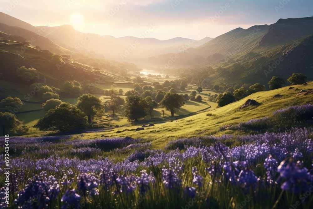 Sunlight shines on a purple flowering meadow in a hilly landscape. Flower meadow in spring. Sunlight shines on a purple flowering meadow in a hilly landscape. Flower meadow in spring.