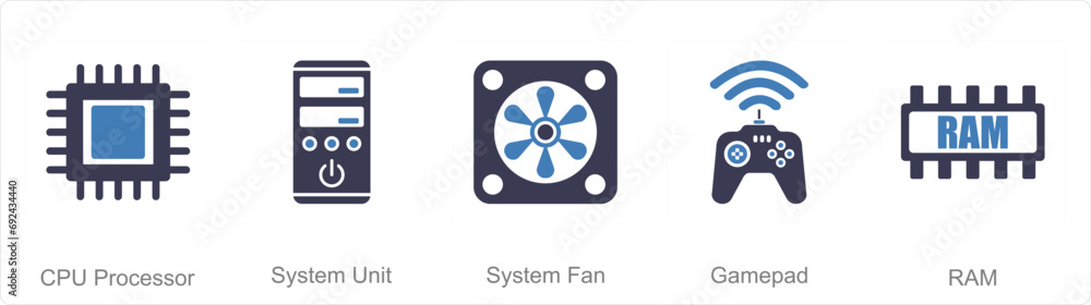 A set of 5 Computer Parts icons as cpu processor, system unit, system fan