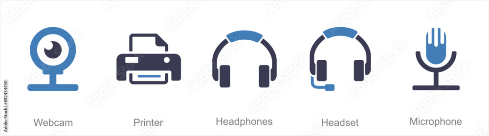 A set of 5 Computer Parts icons as web cam, printer, headphone A set of 5 Computer Parts icons as web cam, printer, headphone