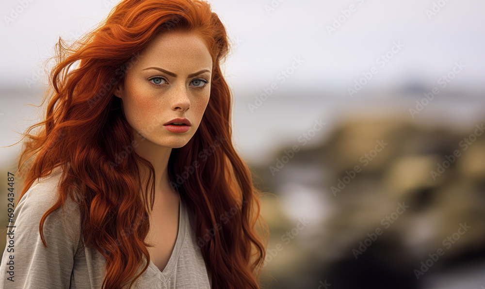 Ethereal Redheaded Woman with Flowing Hair and Freckles Against a Blurred Natural Background, Exuding Mystery and Elegance