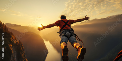 Adventurous person bungee jumping from a cliff during sunset, embracing freedom and excitement over a scenic river landscape