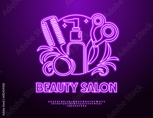 Vector advertising Banner Beauty Salon. Bright Neon Font. Violet Electric Alphabet Letters and Numbers set.