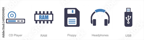 A set of 5 Computer Parts icons as cd player, ram, floppy