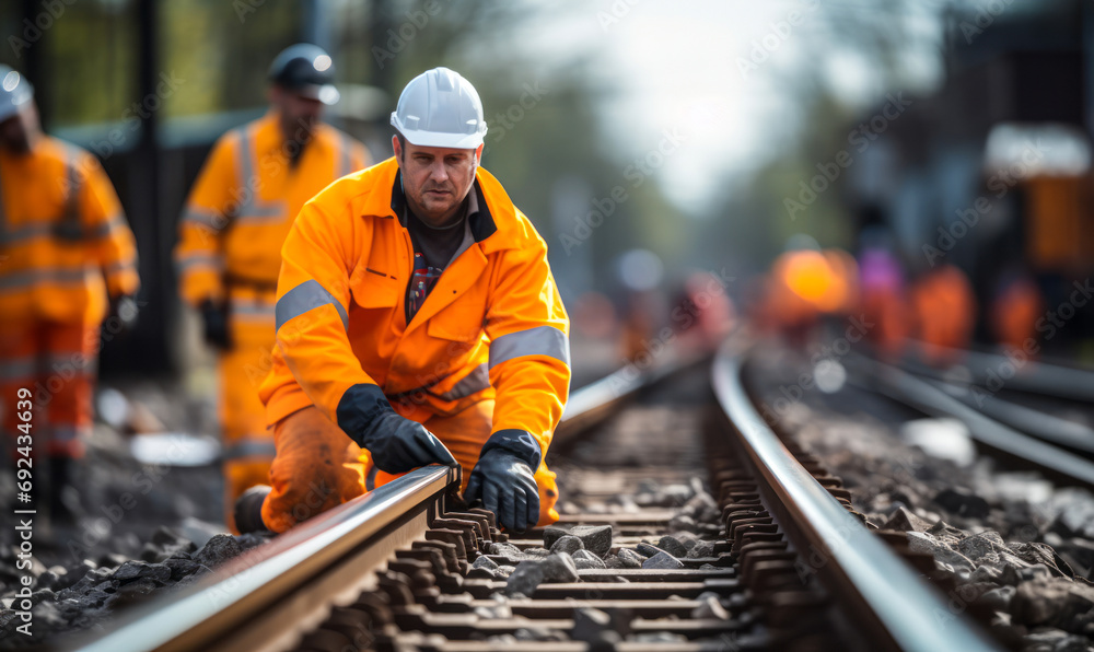 Focused View on Railway Tracks with Blurred Background of Railroad Workers in High Visibility Clothing Inspecting the Site - obrazy, fototapety, plakaty 