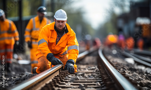 Focused View on Railway Tracks with Blurred Background of Railroad Workers in High Visibility Clothing Inspecting the Site photo
