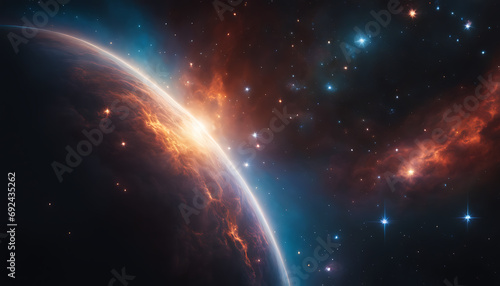 a vibrant  swirling nebula in space  illuminated by nearby stars  showcasing a mesmerizing display of colors and patterns amidst a backdrop of stars