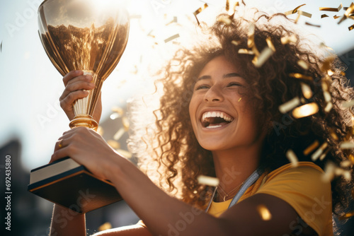 Beautiful female athlete holding her trophy after winning a competition. Young woman celebrating the victory under glittery confetti. photo