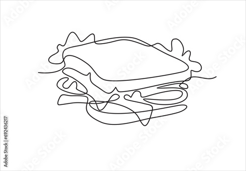 One single line drawing of fresh sandwich logo vector graphic art illustration. Hot dog fast food cafe menu and restaurant badge concept. Modern continuous line draw design street food logotype