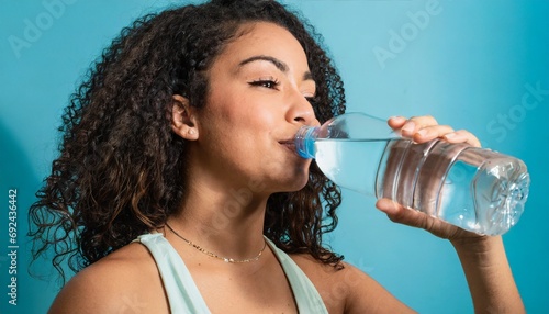 Mulher bebendo água de uma garrafa plástica photo