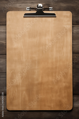Clipboard and brown board on wooden background