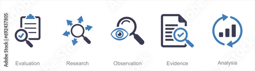 A set of 5 Critical Thinking icons as evaluation, research, observation