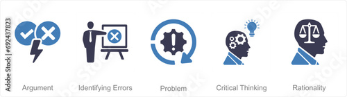 A set of 5 Critical Thinking icons as argument, identifying errors, problem