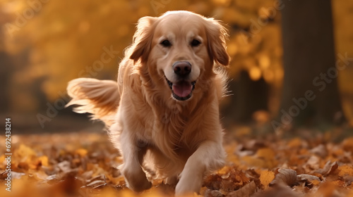Golden retriever puppy jumping and running though autumn leaves 