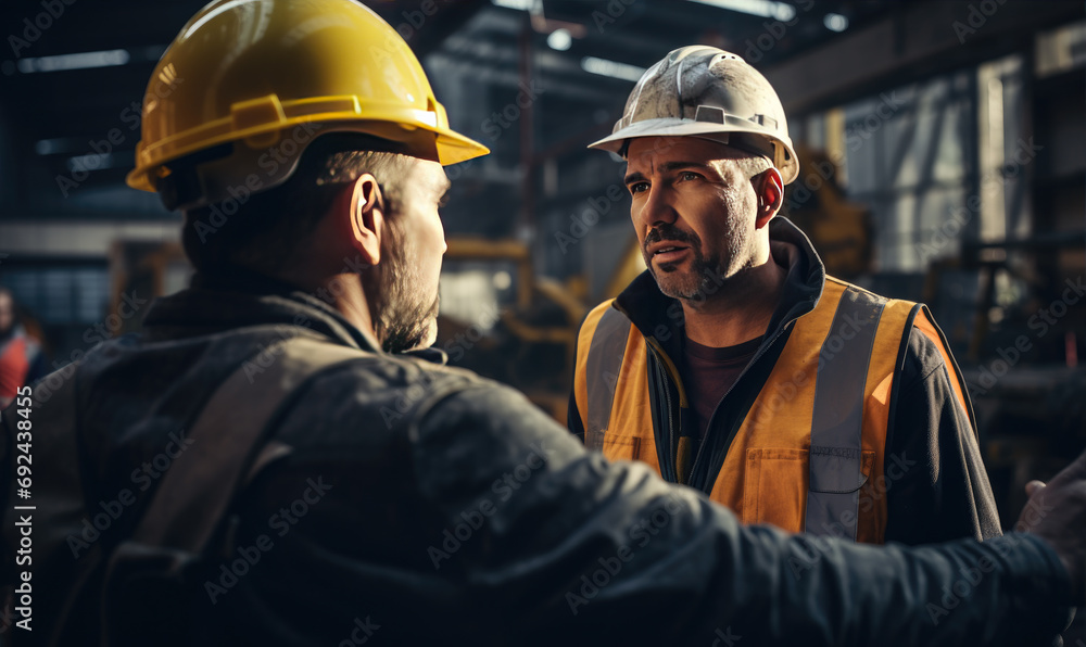 Professional engineers discussing about blueprints and effectivity at construction site Professional engineers discussing about blueprints and effectivity at construction site