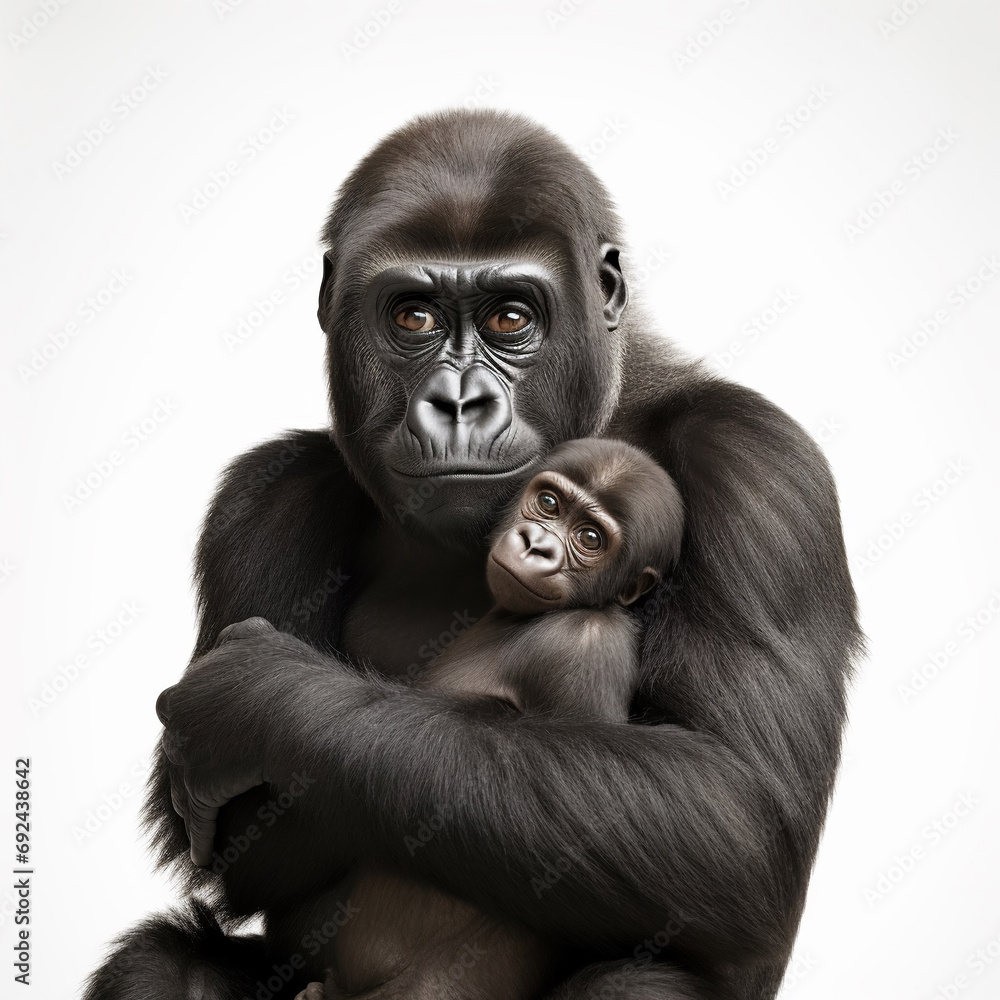 Fototapeta premium Portrait of a gorilla with a baby isolated on a white background. AI.