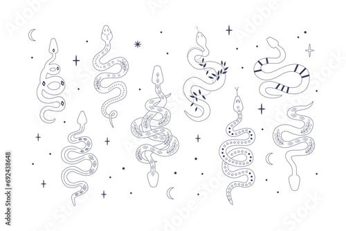 Linear mystic snakes. Abstract outline reptiles. Bohemian fauna. Celestial ethnic symbols. Line art icons, doodles. Coloring page.