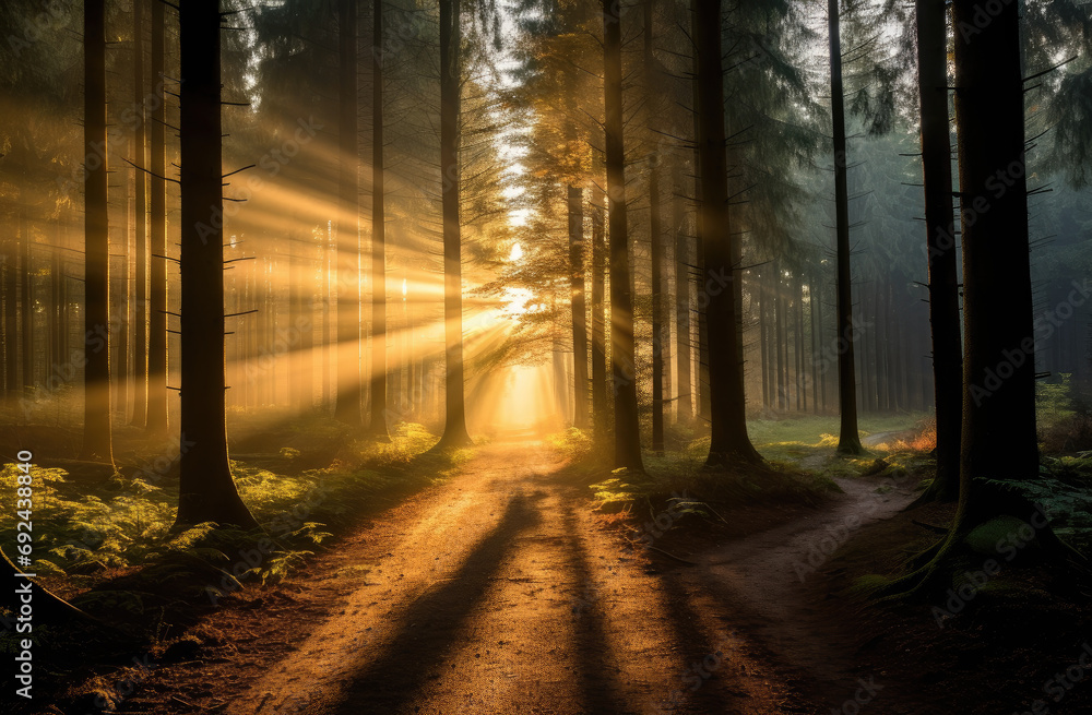 Obraz premium Sunlight falling into a forest in the morning in spring.