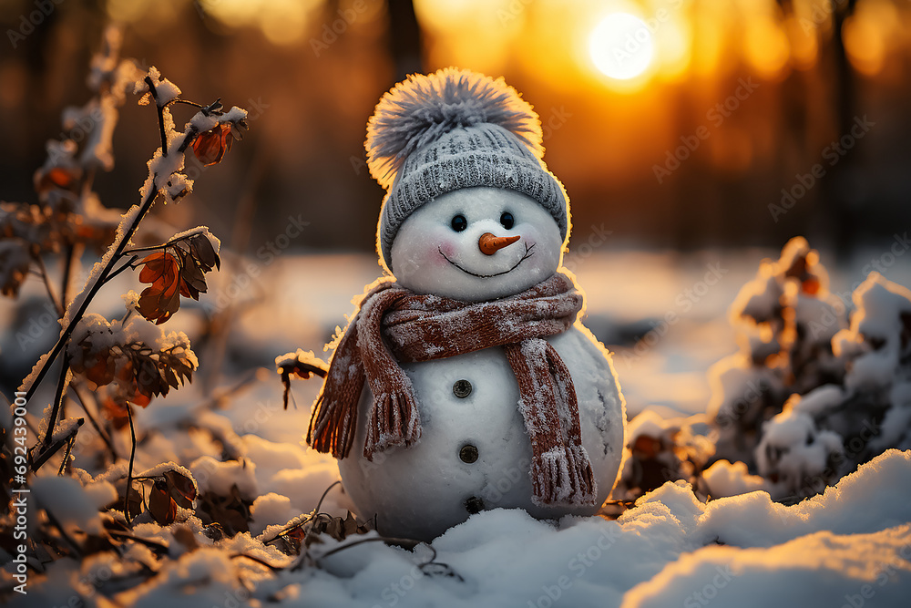 Obraz premium A festive snowman and winter forest view in background with snowing