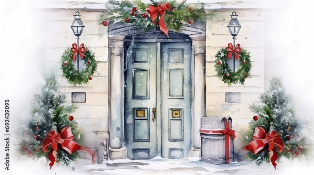 Watercolor illustration christmas decorated door