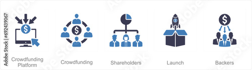 A set of 5 Crowdfunding icons as crowdfunding platform, crowdfunding, shareholders