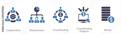 A set of 5 Crowdfunding icons as shareholders, crowdfunding, crowdfunding platform